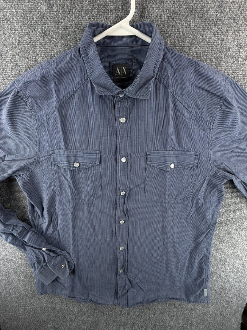 Armani Exchange Long Sleeve Blue Striped Pearl Snap Slim Fit Large Shirt Woven